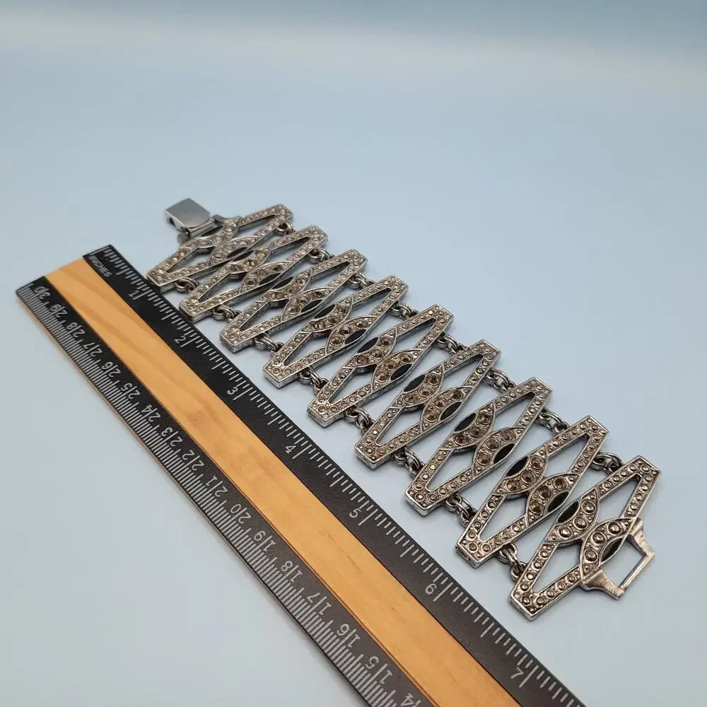 Vintage Art Deco Faux Marcasite Rhinestone Wide Bracelet, 7 1/4 Inches, 1980s